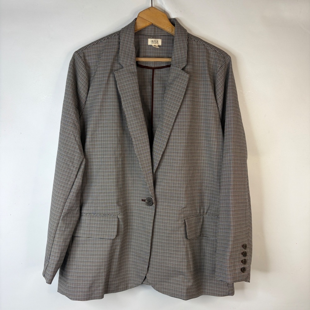 a.n.a Blazer Women XL Brown Blue Houndstooth Single Button Professional Jacket